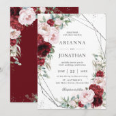 Invitation Chic Burgundy Blush Peonies Floral Silver Mariage (Devant / Derrière)
