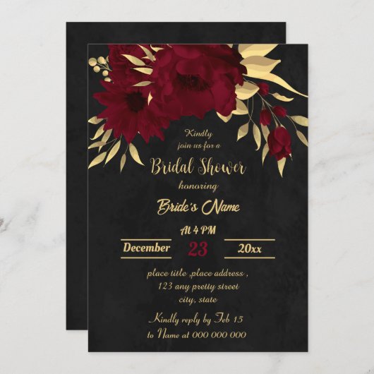 Invitation Chic burgundy et doré noir nuptiale douche (Devant / Derrière)