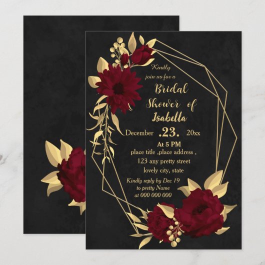 Invitation Chic burgundy et doré noir nuptiale douche (Devant / Derrière)