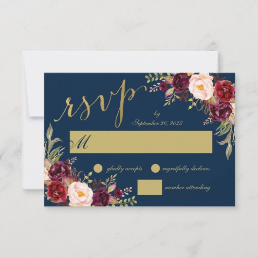 Invitation Chic Burgundy Fleurs Bleu Marine Or Mariage RSVP (Devant)