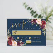 Invitation Chic Burgundy Fleurs Bleu Marine Or Mariage RSVP (Debout devant)