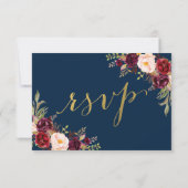 Invitation Chic Burgundy Fleurs Bleu Marine Or Mariage RSVP (Dos)