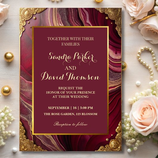 Invitation Chic Burgundy Gold Agate Marbre moderne Mariage
