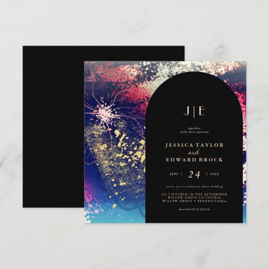 Invitation Chic Burgundy Gold Blue Botanical Carré Mariage (Devant / Derrière)