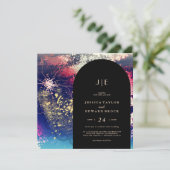 Invitation Chic Burgundy Gold Blue Botanical Carré Mariage (Debout devant)