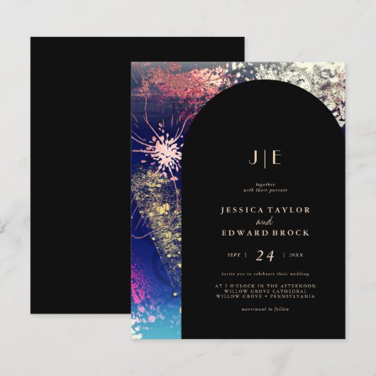 Invitation Chic Burgundy Gold Blue Botanical Carré Mariage (Devant / Derrière)