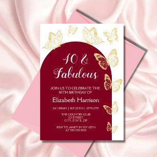 Invitation Chic Burgundy Gold Butterflies Fabuleux anniversai