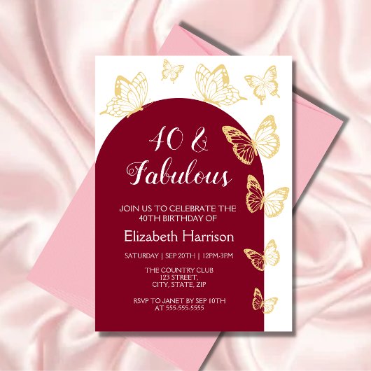 Invitation Chic Burgundy Gold Butterflies Fabuleux anniversai