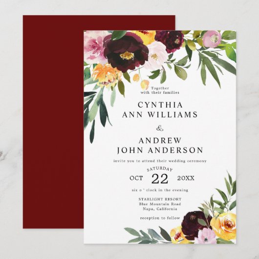 Invitation Chic Burgundy Jaune Aquarelle Mariage Floral (Devant / Derrière)