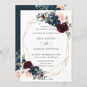 Invitation Chic Burgundy Marine Blush Floral Mariage géométri