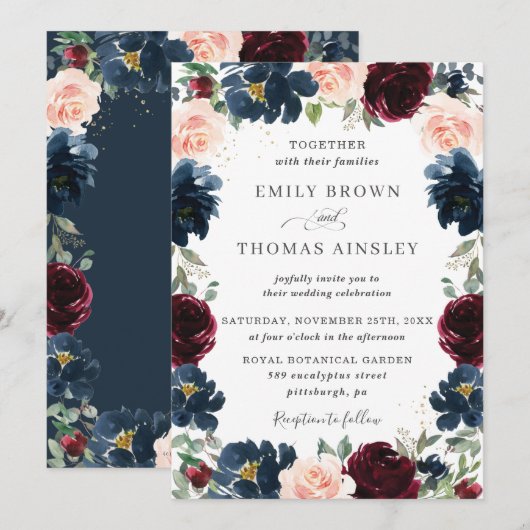 Invitation Chic Burgundy Navy Blue Blush FlorMariage (Devant / Derrière)