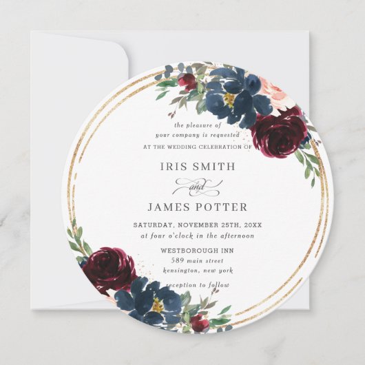 Invitation Chic Burgundy Navy Blue Blush FlorMariage (Devant)