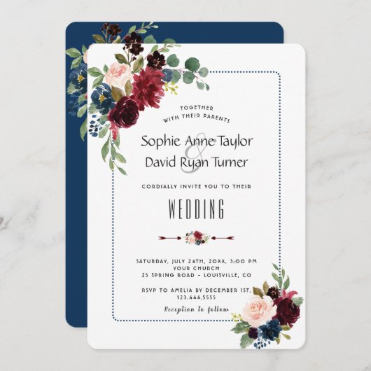 Invitation Chic Burgundy Navy Blue Floral Frame Mariage (Devant / Derrière)