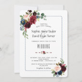 Invitation Chic Burgundy Navy Blue Floral Frame Mariage (Devant)