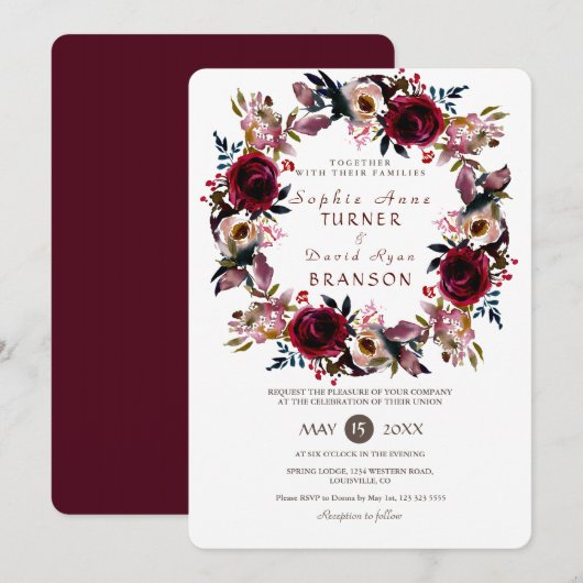 Invitation Chic Burgundy Pêcher Floral Mariage Wreath (Devant / Derrière)