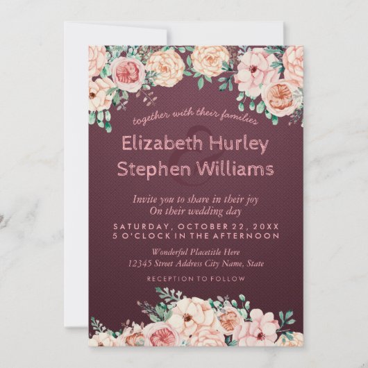 Invitation Chic Burgundy Rouge Aquarelle Wedding shower Flora (Devant)