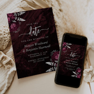 Invitation Chic Burgundy Silver Floral Wedding Enregistrer la