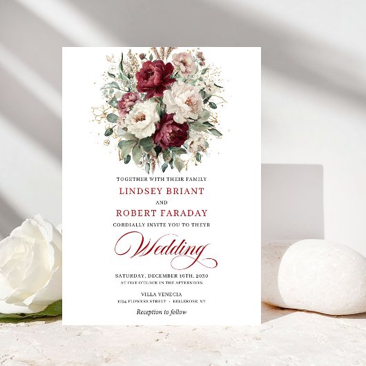 Invitation Chic Burgundy White Floral Eucalyptus Gold Wedding