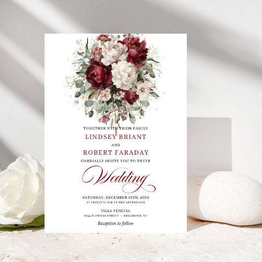 Invitation Chic Burgundy White Floral Garden Wedding Invite