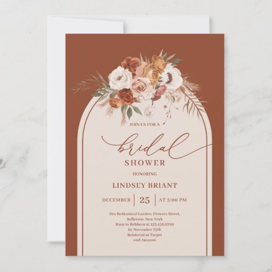 Invitation Chic Burnt Orange Pampas Grass Boho Fête des marié (Devant)