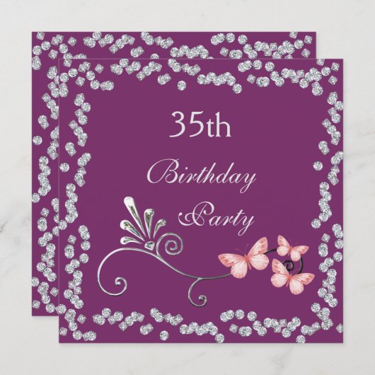 Invitation Chic Butterflies & Diamonds 35e anniversaire (Devant / Derrière)