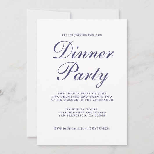 Invitation Chic Calligraphie Marine Blue White Dinner Party (Devant)