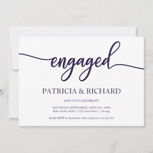 Invitation Chic Calligraphie Marine Blue White Engagement Par (Devant)