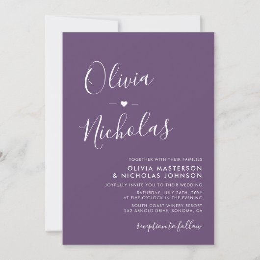 Invitation Chic Calligraphie Monogramme violet QR Code Mariag (Devant)