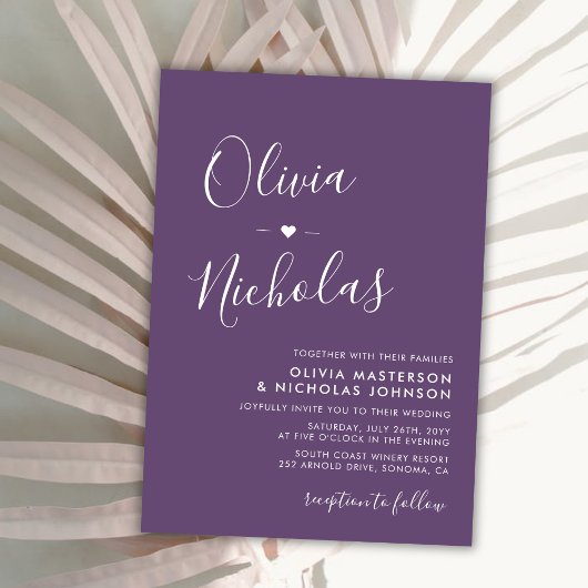 Invitation Chic Calligraphie Monogramme violet QR Code Mariag