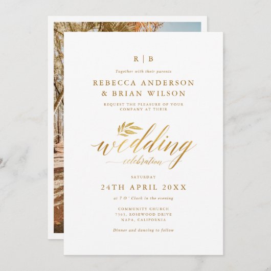 Invitation Chic Calligraphie Or Foil Élégant Mariage photo (Devant / Derrière)