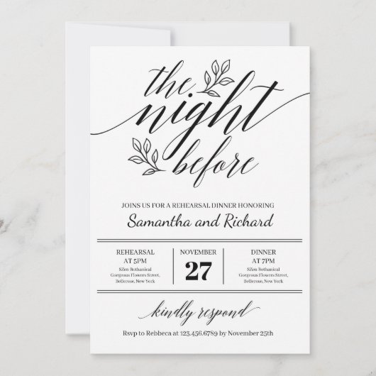 Invitation Chic calligraphie ornement floral la veille (Devant)