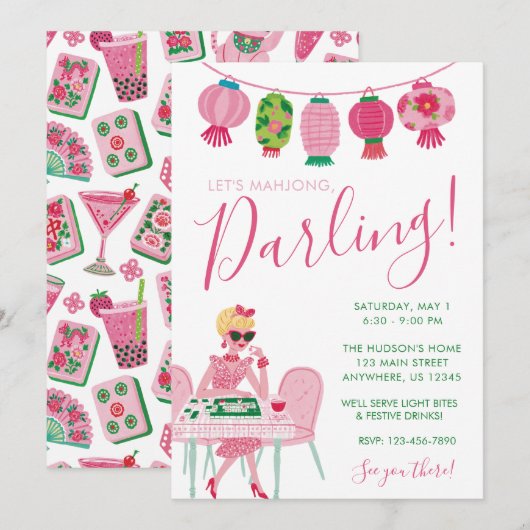 Invitation Chic Capriceux Rose & Vert Soirée Mahjong (Devant / Derrière)