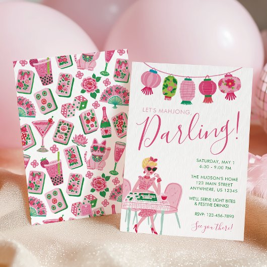 Invitation Chic Capriceux Rose & Vert Soirée Mahjong