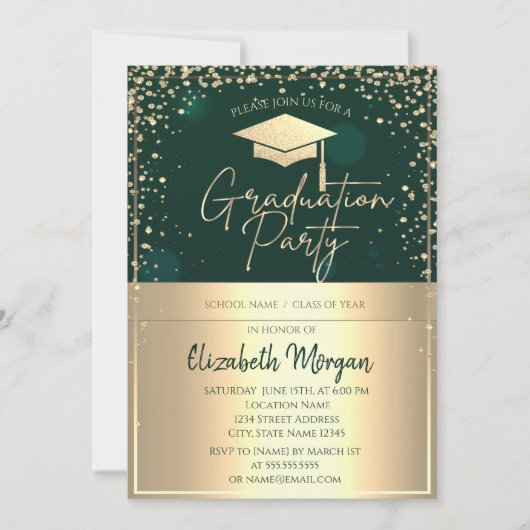 Invitation Chic Casquette Gold Grad, Diamants Green Graduatio (Devant)