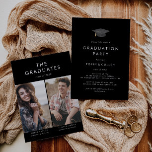 Invitation Chic Casquette noir foncé Photo Double Graduation 