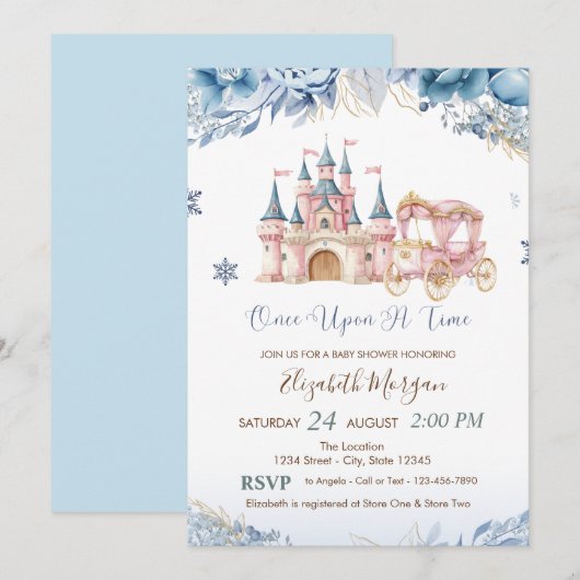 Invitation Chic Castle,Carriage Blue Flowers Baby Shower (Devant / Derrière)