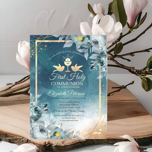 Invitation Chic Chalice Green Roses première communion sainte