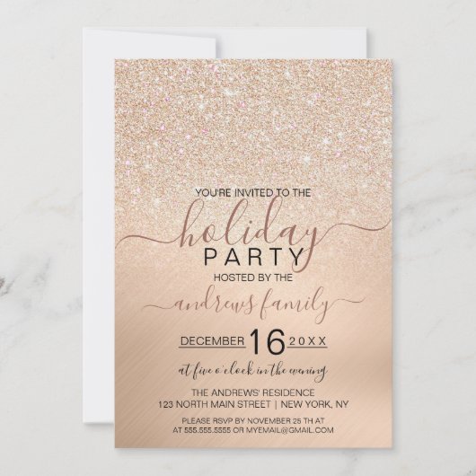 Invitation Chic Champagne Gold Parties scintillant Vacances m (Devant)