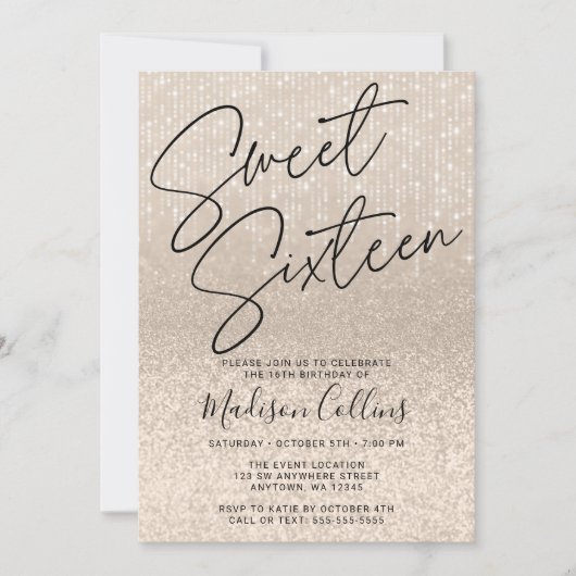 Invitation Chic Champagne Pailleté Sweet 16 (Devant)