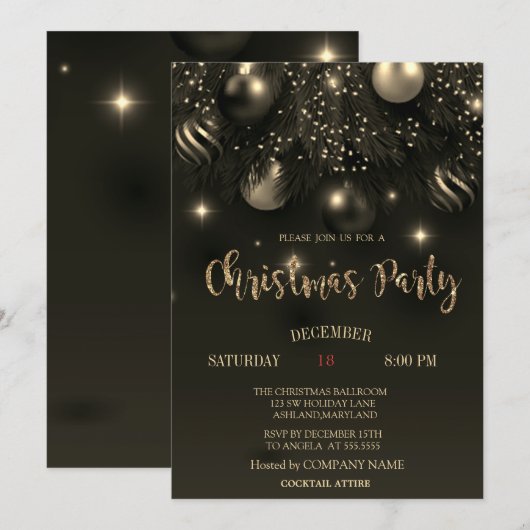 Invitation Chic Christmas Balls Black Christmas Company Party (Devant / Derrière)
