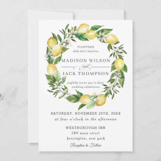 Invitation Chic Citron vert Mariage de couronnes florales (Devant)