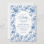 Invitation Chic Classic Blue Toile de Jouy Floral Baby Shower (Devant)