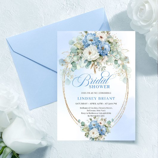 Invitation Chic Classic Pastel Blue Floral Gold Bridal Shower