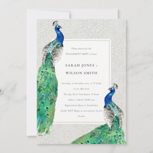 Invitation Chic Classy Ornate Aquarelle Peacock Fiançailles (Devant)