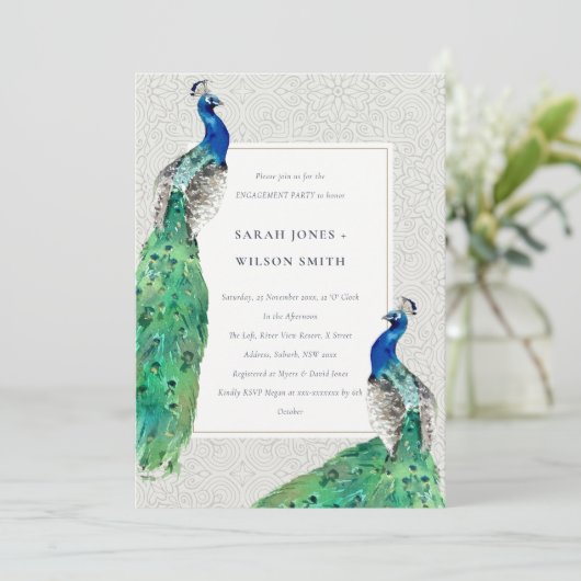 Invitation Chic Classy Ornate Aquarelle Peacock Fiançailles (Debout devant)