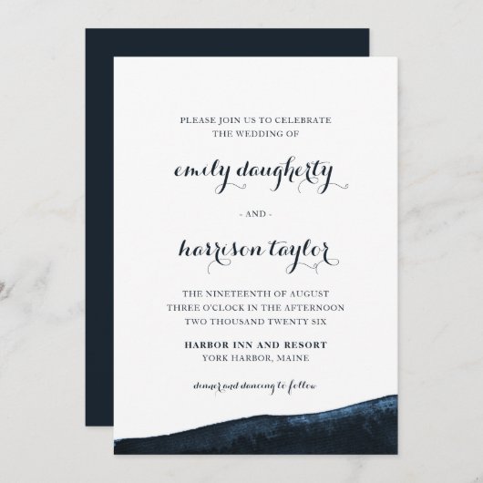 Invitation Chic Coastal Mariage Élégant Bleu et Blanc (Devant / Derrière)