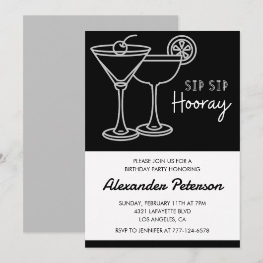 Invitation chic cocktail 22e anniversaire Noir Bla (Devant / Derrière)