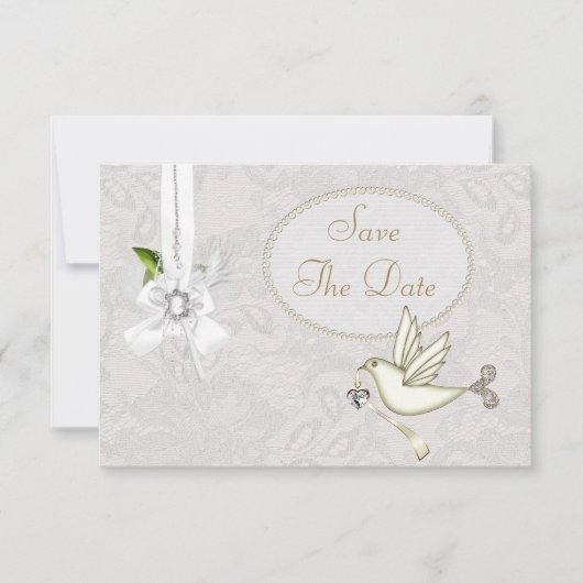 Invitation Chic Colombe Blanche Paisley Dentelle Save The Dat (Devant)