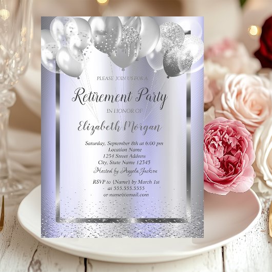 Invitation Chic Confetti Ballons Violet Retraite métallique