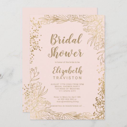 Invitation Chic confetti floral or rose pâle douche nuptiale (Devant / Derrière)